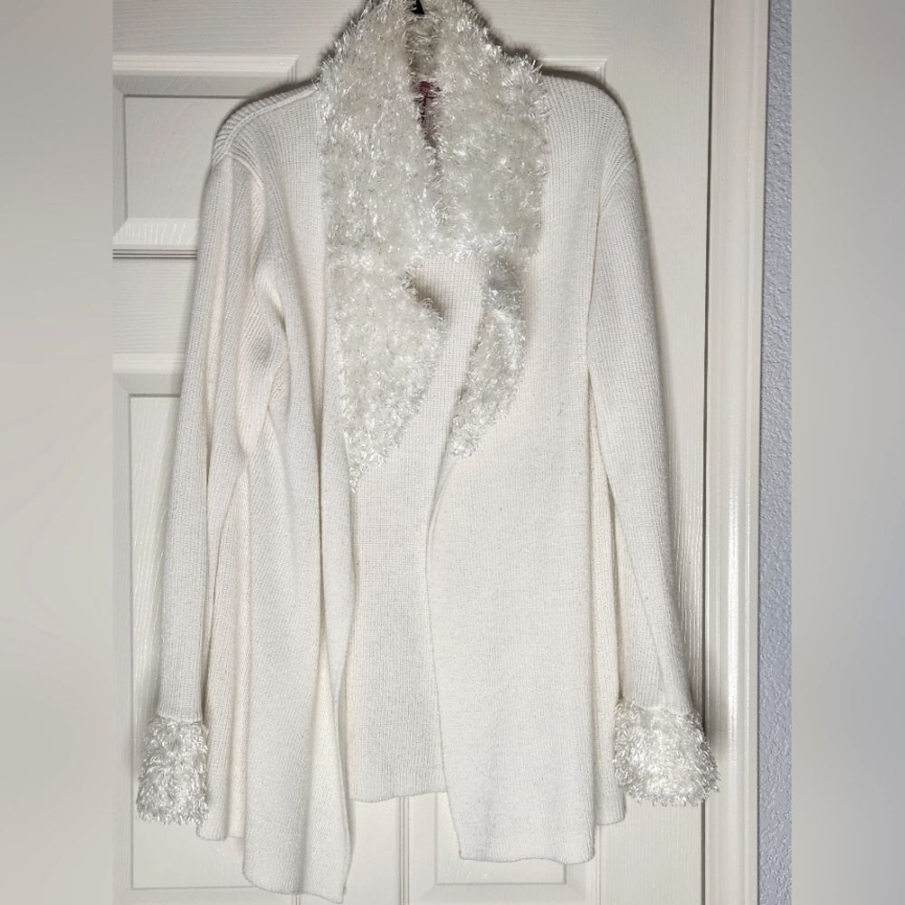 Gloria Vanderbilt M White Knitted Lslve Colared Ruffles Belt Women Open Cardigan